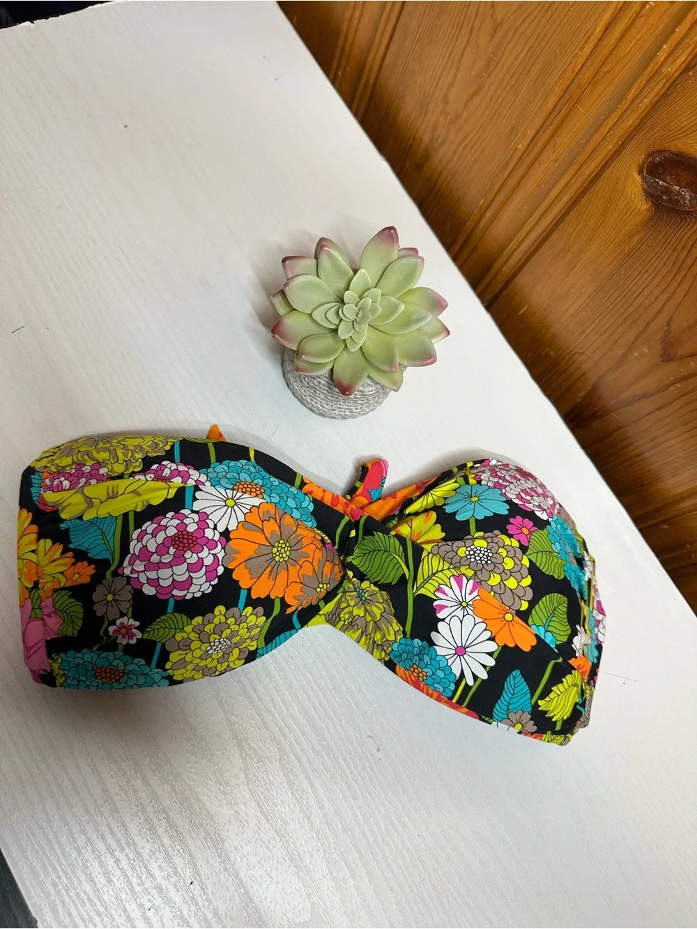 Trina Turk Black Floral Bandeau Swim Top with Multicolor Blooms